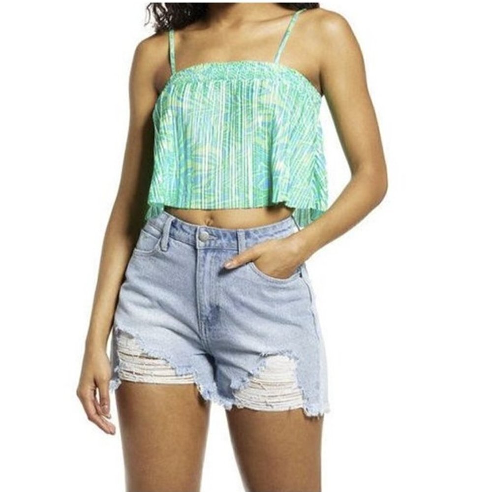 BP Nordstroms Green Ziggy Abstract Plissé Crop Camisole Tank Top